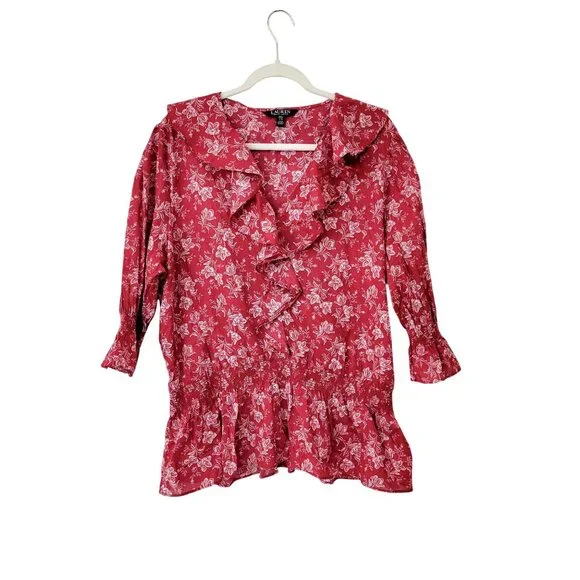 Lauren Ralph Lauren Womens XXL Red & White Floral Ruffle Blouse 3/4 Sleeves Ligh - Picture 1 of 6